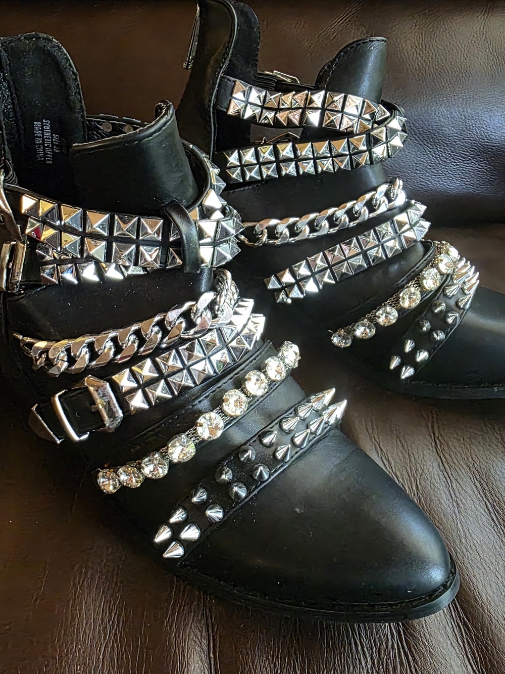 Black Studded & Crystal Biker Booties - Women's Fashion Ankle Boots